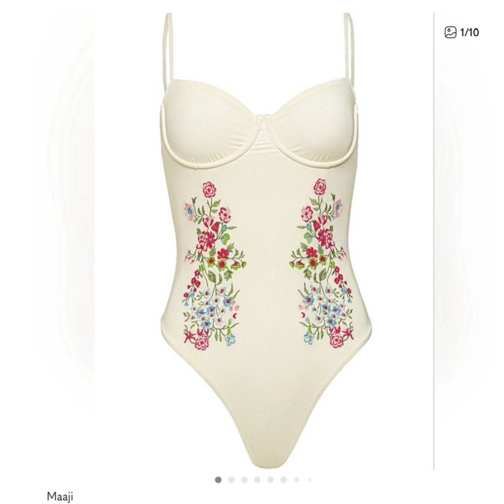 *NWT* Maaji Cream Swimsuit with Pink & Green Floral Embroidery Retail $208